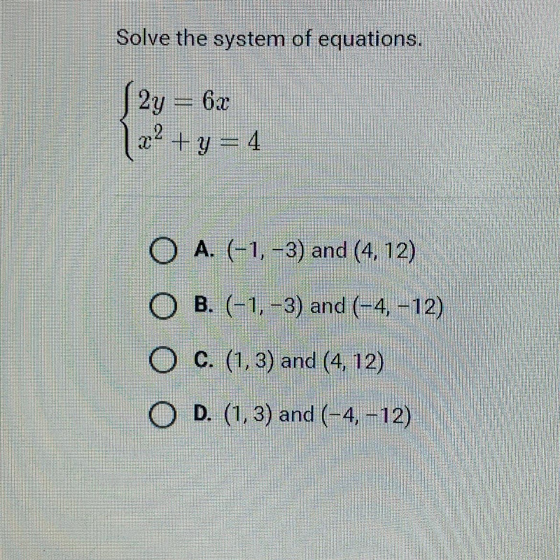 Solve the system of equations. {2y=6x x^2+y=4-example-1