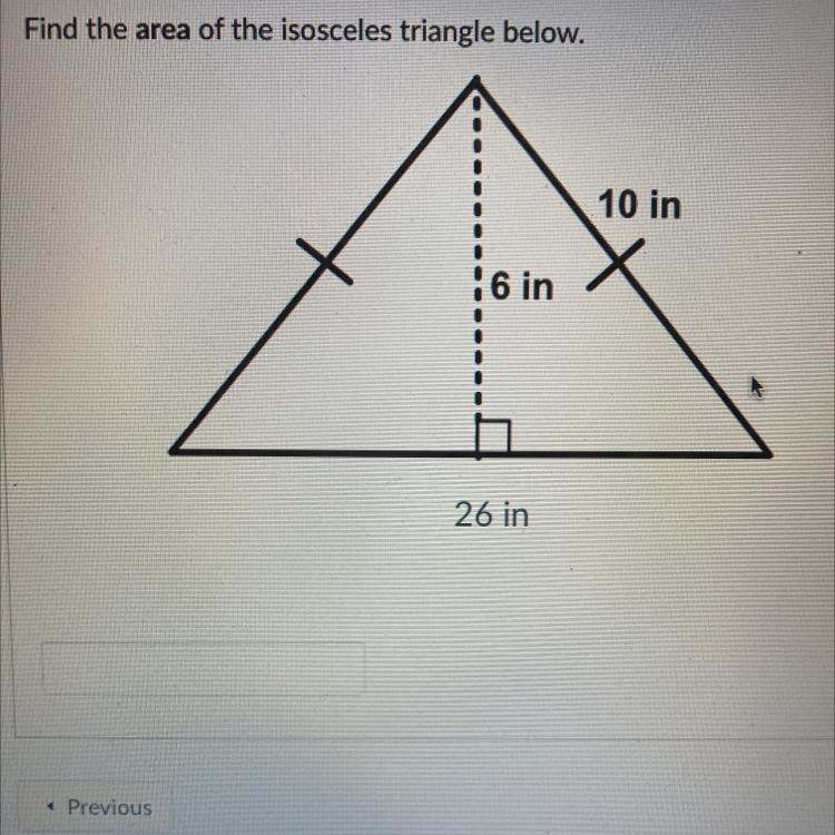 Find the area of the isosceles triangle below.-example-1