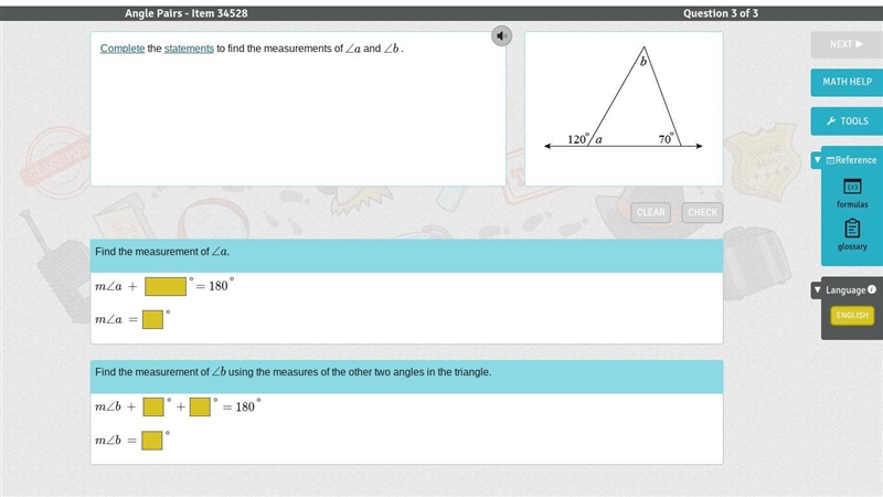 Complete the statements to find the measurements of ∠a and ∠b .-example-1