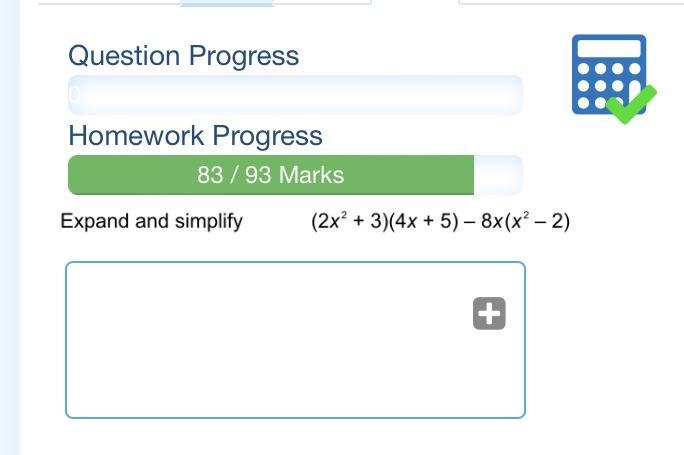 Expand and simplify (2x7 + 3)(4x + 5) - 8x(x° - 2)-example-1