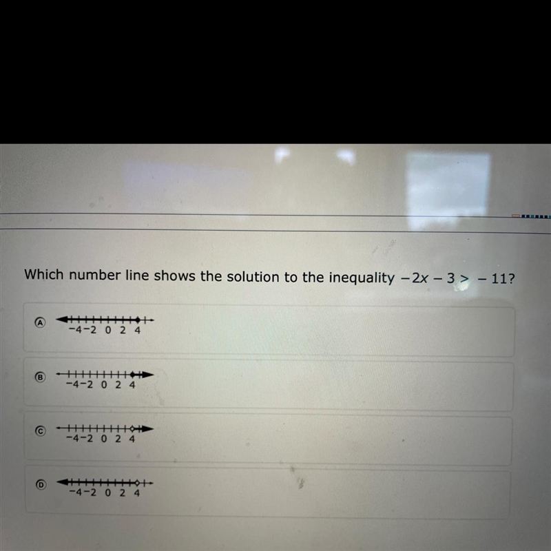 -2x-3>- which number line shows the solution to the inequality-example-1