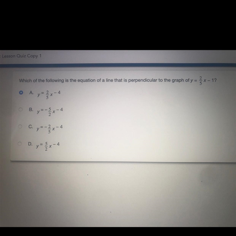 Which of the following is the equation of a line that is perpendicular to the graph-example-1