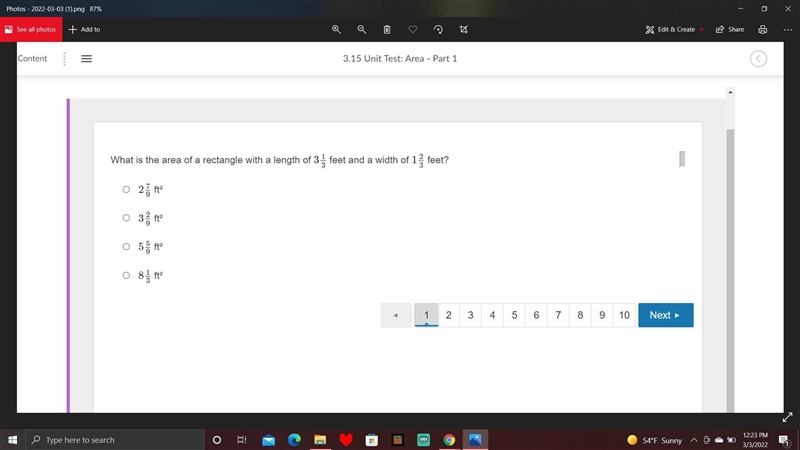 What is the area of a rectangle with a length of 3 1/3 feet and a width of 1 2/3 feet-example-1