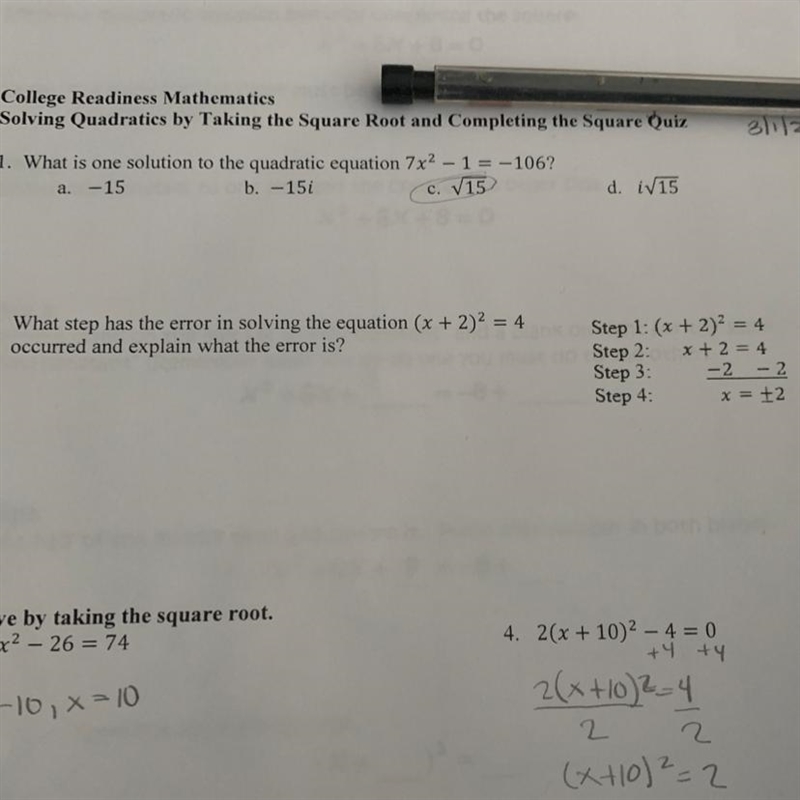 What step has the error in solving the equation (x + 2) ^ 2 = 4 occurred and explain-example-1