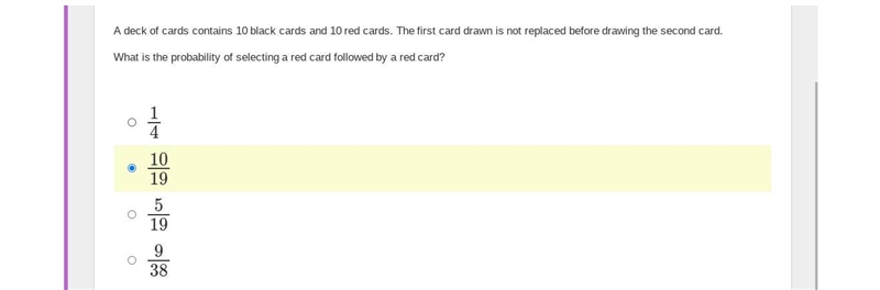 A deck of cards contains 10 black cards and 10 red cards. The first card drawn is-example-1