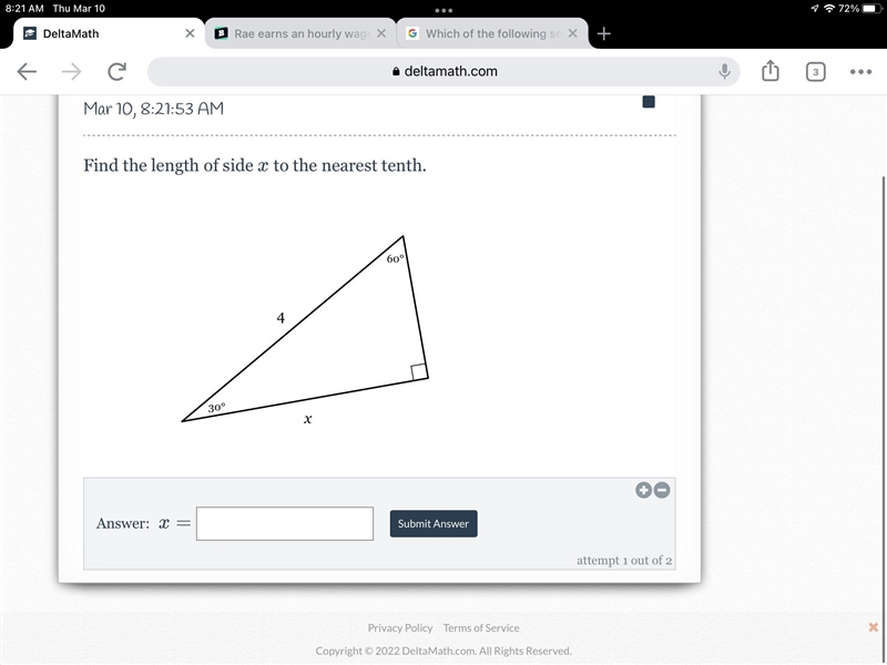 Find the length of side x x to the nearest tenth.-example-1