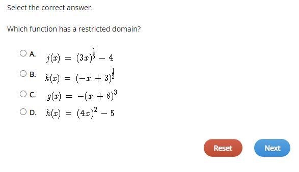 ASAP 50 POINTS Select the correct answer. Which function has a restricted domain?-example-1