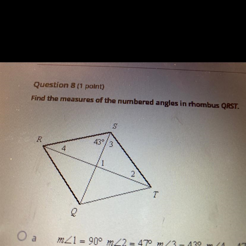 Find the measures of the numbered angles in rhombus QRST.-example-1