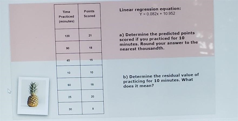 8 3 2. 4 15 Time Practiced (minutes) Points Scored Linear regression equation: Y = 0.082x-example-1