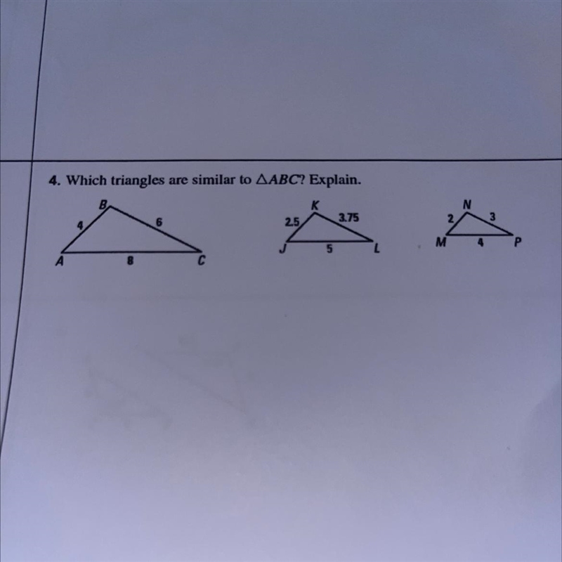 Which triangles are similar to ABC? Explain.-example-1