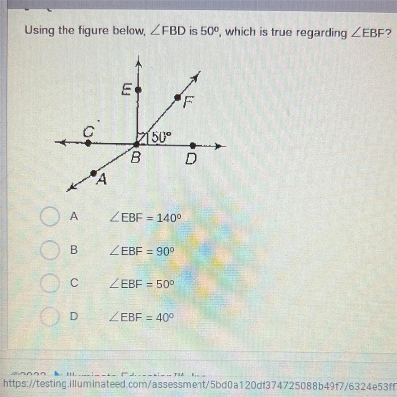 Using the figure below, angle FBD is 50 degree, which is true regarding angle EBF-example-1