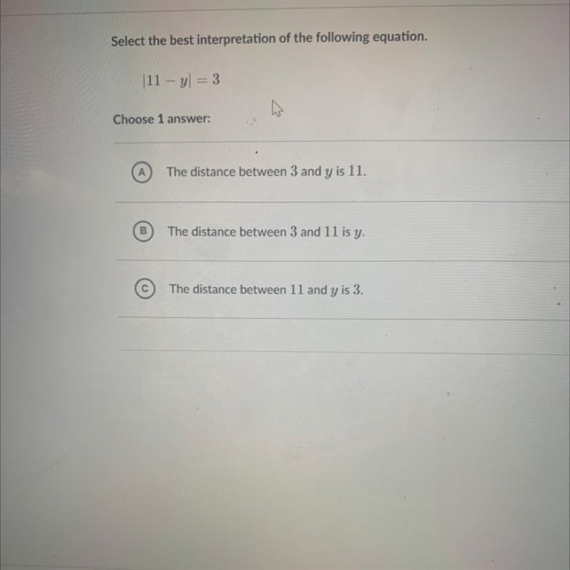 Select the best interpretation of the following equation. 11 - y = 3-example-1