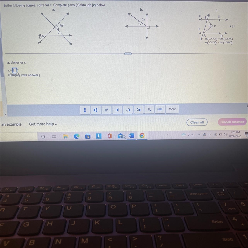 In the following figures, solve for x. Complete parts (a) through (c)-example-1