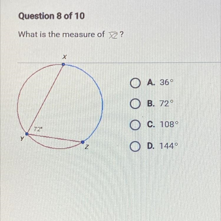 What is the measure of Z? A. 36 B. 72 C. 108 D. 144-example-1