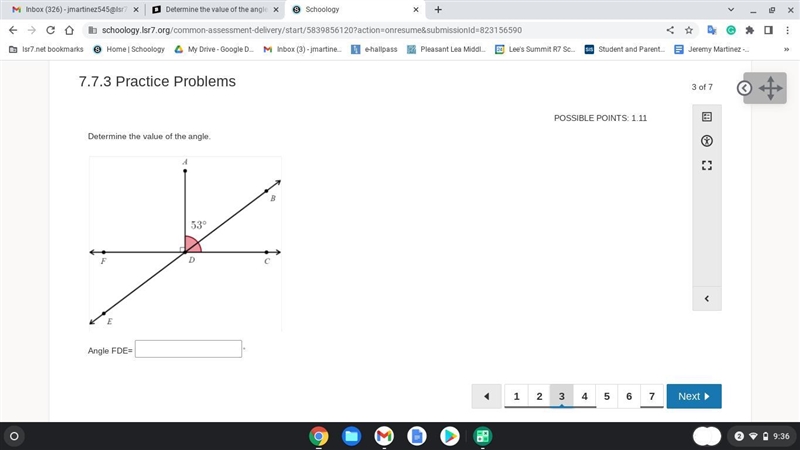 Determine the value of the angle. Angle FDE=-example-1