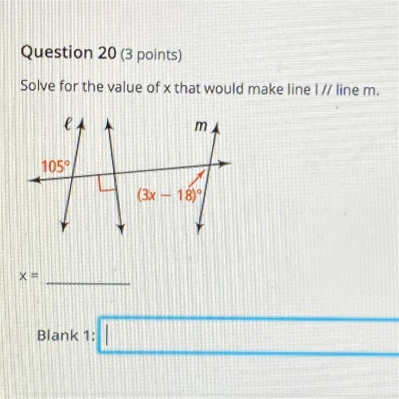 Solve for the value of x that would make line 1 parallel to line m.-example-1