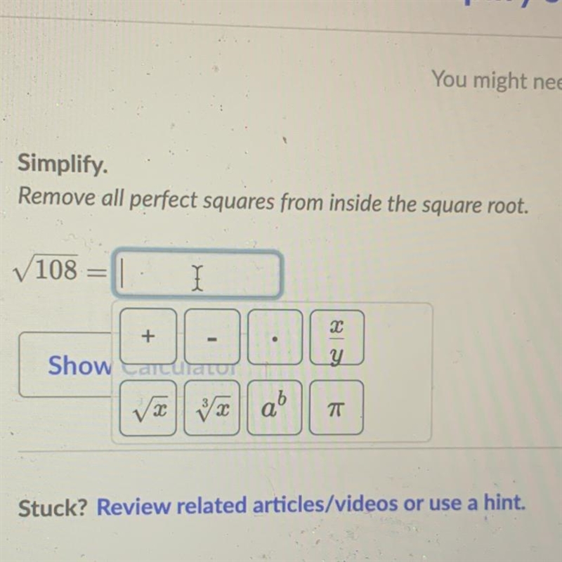 Simplify, Remove all perfect squares from inside the square root. V108-example-1