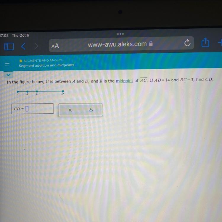 C is between A and D, and B is the midpoint of AC. If AD=14 and BC=3, find CD.-example-1