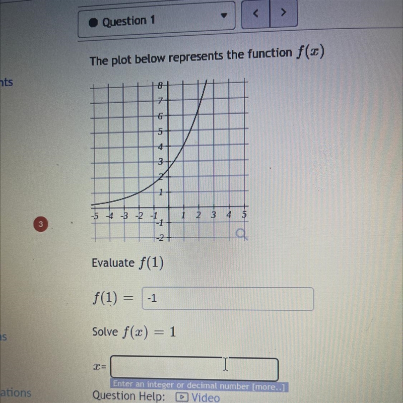 The plot below represents the function f(x) evaluate f(1) = solve f(x)=1-example-1