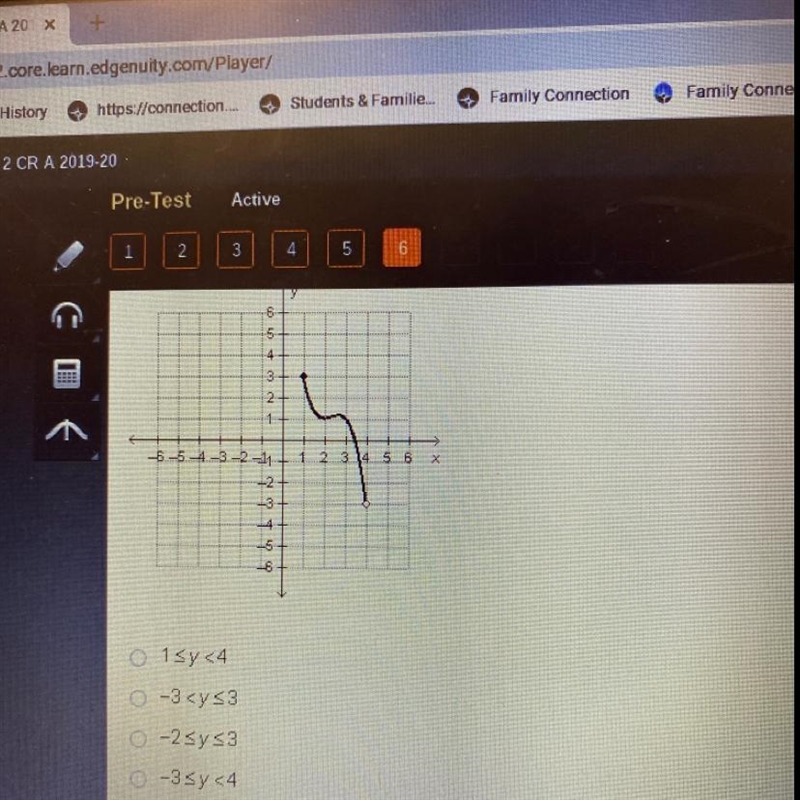 What is the range of the function graphed below?у654GO2-11.2.3.4.5.6-5.-5.-4.-3.-2-112136 N-example-1