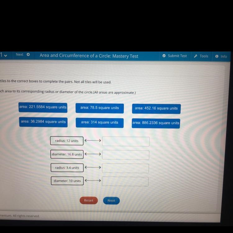 Match each area to its corresponding radius or diameter of the circle￼.-example-1