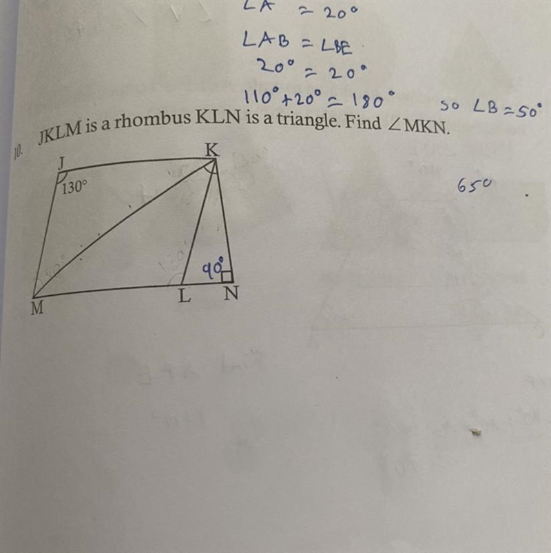 10. JKLM is a rhombus KLN is a triangle. Find MKN.-example-1