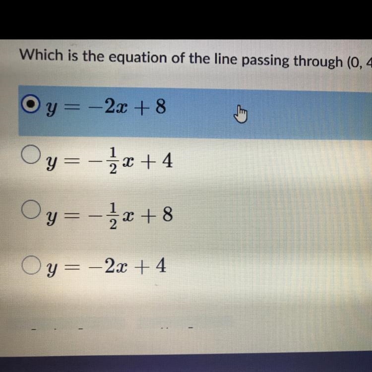 Which is the equation of the line passing through (0,4) and (8,0)?-example-1