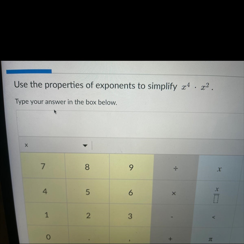 Use the properties of exponents to simplify x4 • x2.-example-1