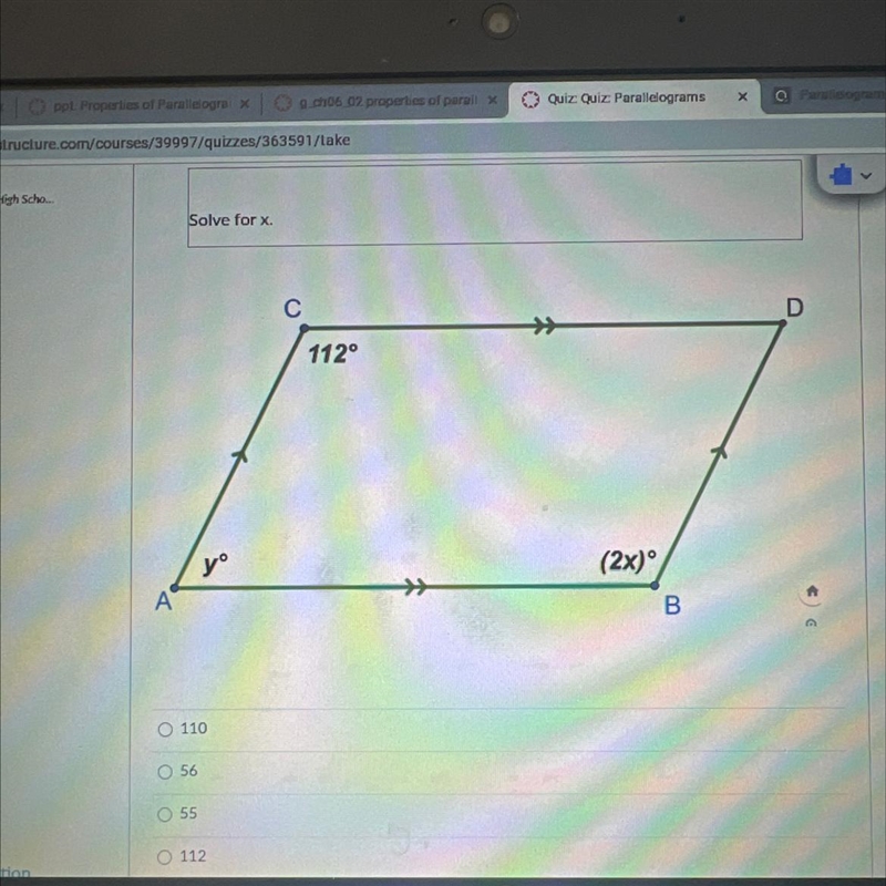 Solve for x. С D * 112° yº (2x) >> A B-example-1