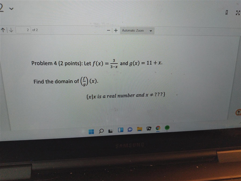 Let f(x) = 3/3-× and g (×) = 11+x find the domain of (f/g) (x)-example-1