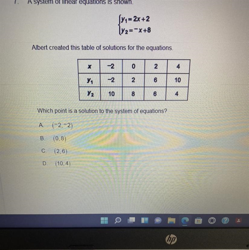 71-2x + 2 y2= -x+8 Albert created this table of solutions for the equations. X -2 0 4 N-example-1