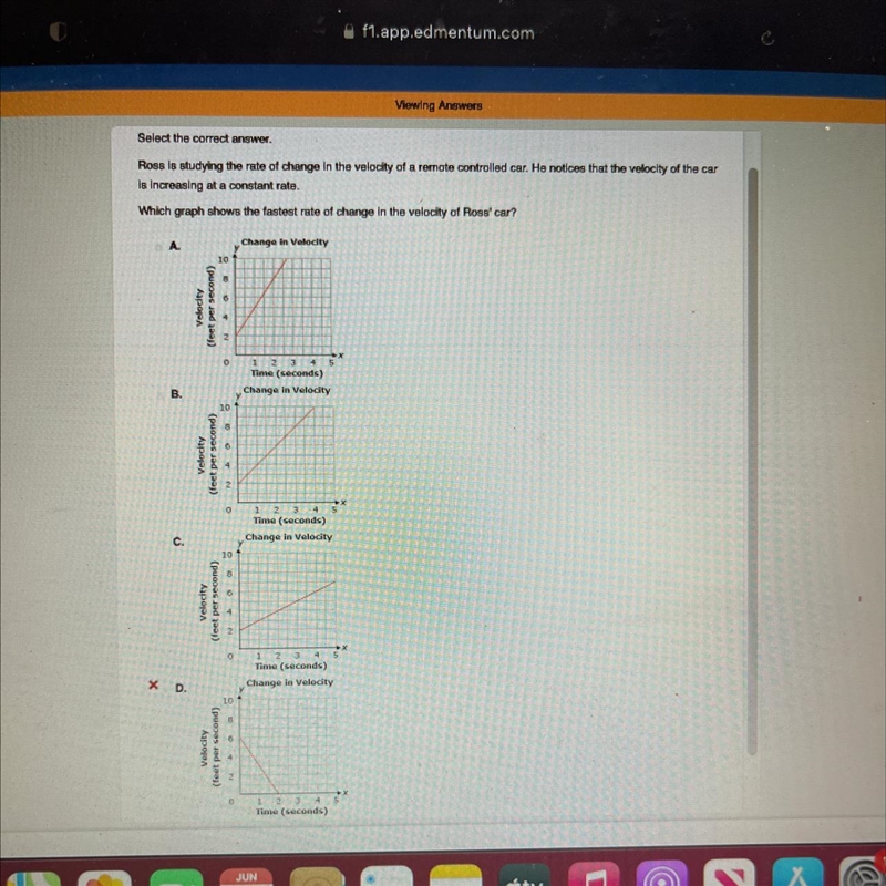 Which graph shows the fastest rate of change in the velocity of Ross' car? Change-example-1