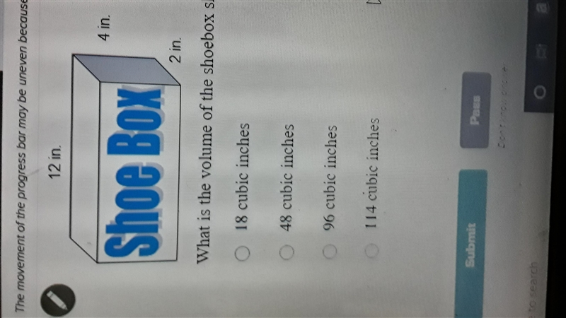 What is the volume of the shoebox shown above in cubic inches? the shoebox is 12in-example-1