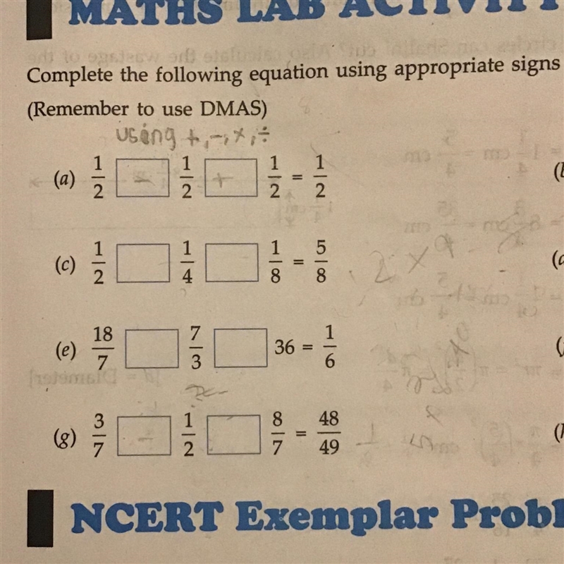 COMPLETE THE FOLLOWING EQUATION USING APPROPRIATE SIGN ( +,-,x,÷) IN THE BOXES GIVEN-example-1