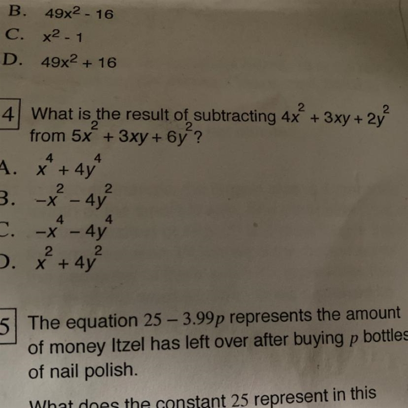 What is the result of subtracting 4x + 3xy + 2y from 5x + 3xy + 6y ? 1. x² + 47 x-example-1