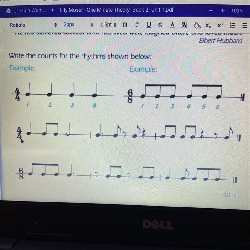 Write the counts for the rhythms shown below: Example: Example: 4 z 2 3 4 O Idi De-example-1