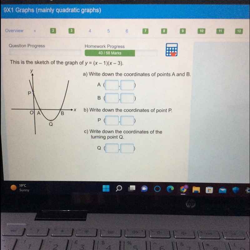 This is the sketch of the graph of y = (x - 1)(x-3). a) Write down the coordinates-example-1