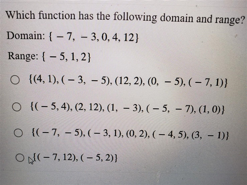 Which function has the following domain and range? Domain: {-7, -3, 0, 4, 12} Range-example-1