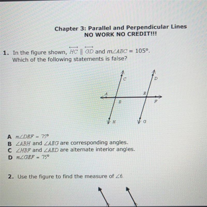 1. In the figure shown, HC || GD and m/ABC = 105°. Which of the following statements-example-1