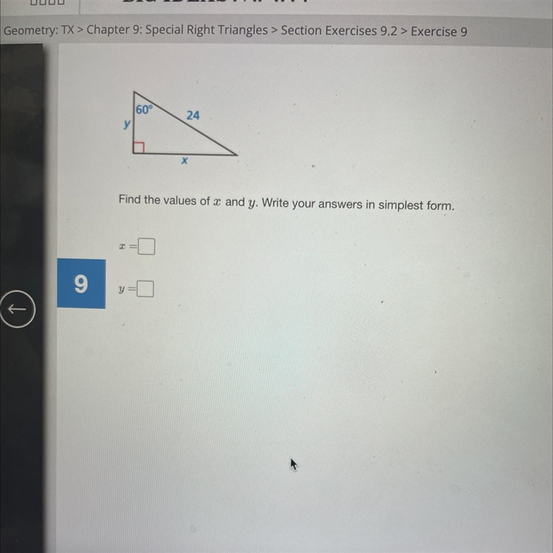 Find the values of x and y. Write your answers in simplest form-example-1