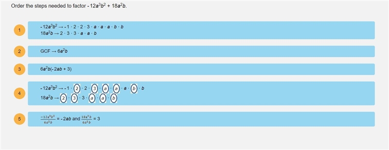 Order the steps needed to factor - 12a^3b^2 + 18a^2b-example-1