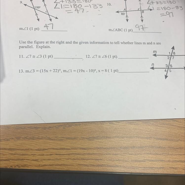 Use the figure at the right and the given information to tell wether line m and n-example-1