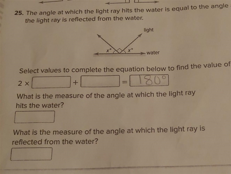 What is the measure of the angle at which the light ray hits the water? What is the-example-1