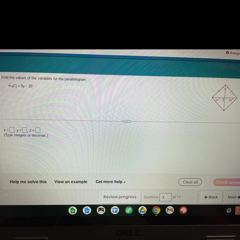 Find the values of the variables for the parallelogram. mZ1 = 5y – 20 X= Y= Z=-example-1