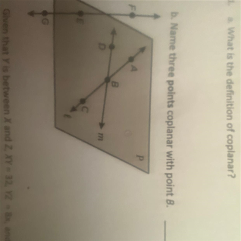 B. Name three points coplanar with point B. FO OE G D A B l m P-example-1