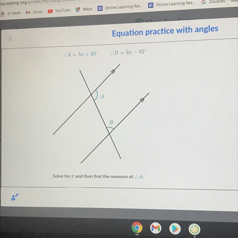 Please solve for X and find the measure of A.-example-1