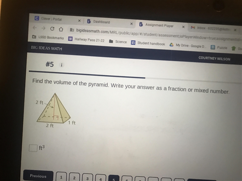 Find the volume of the pyramid, Write your answer as a fraction or mixed number.-example-1