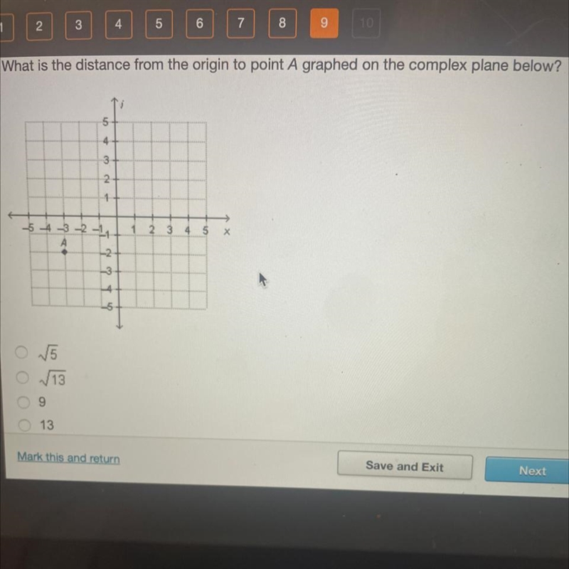 What is the distance from the origin to point A graphed on the complex plane below-example-1