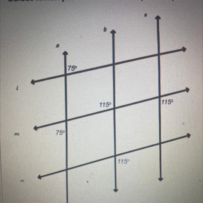 Select which pair of lines can be proven parallel by using the given angle measures-example-1