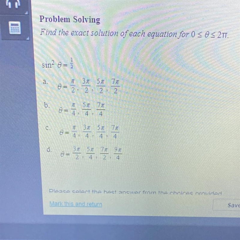 Problem Solving Find the exact solution of each equation for 0 < theta < 2 pi-example-1